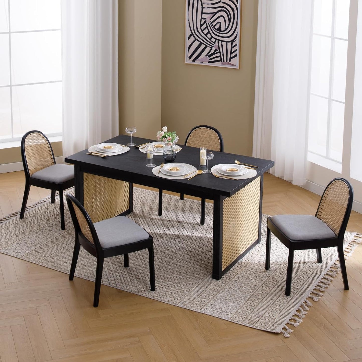 Mid Century Dining Chairs Set of 4, Accent Rattan Side Chairs Linen Fabric Kitchen Chair with Solid Wooden Legs for Living Room Dining Room, Grey