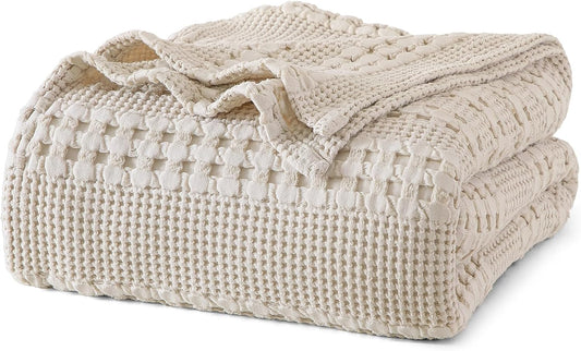 PHF 100% Cotton Waffle Weave Blanket King Size, Soft Lightweight Breathable Cozy Summer Blankets for Bed, Luxury Aesthetic Woven Bedding for Home Decor, 108"x90", Oatmeal