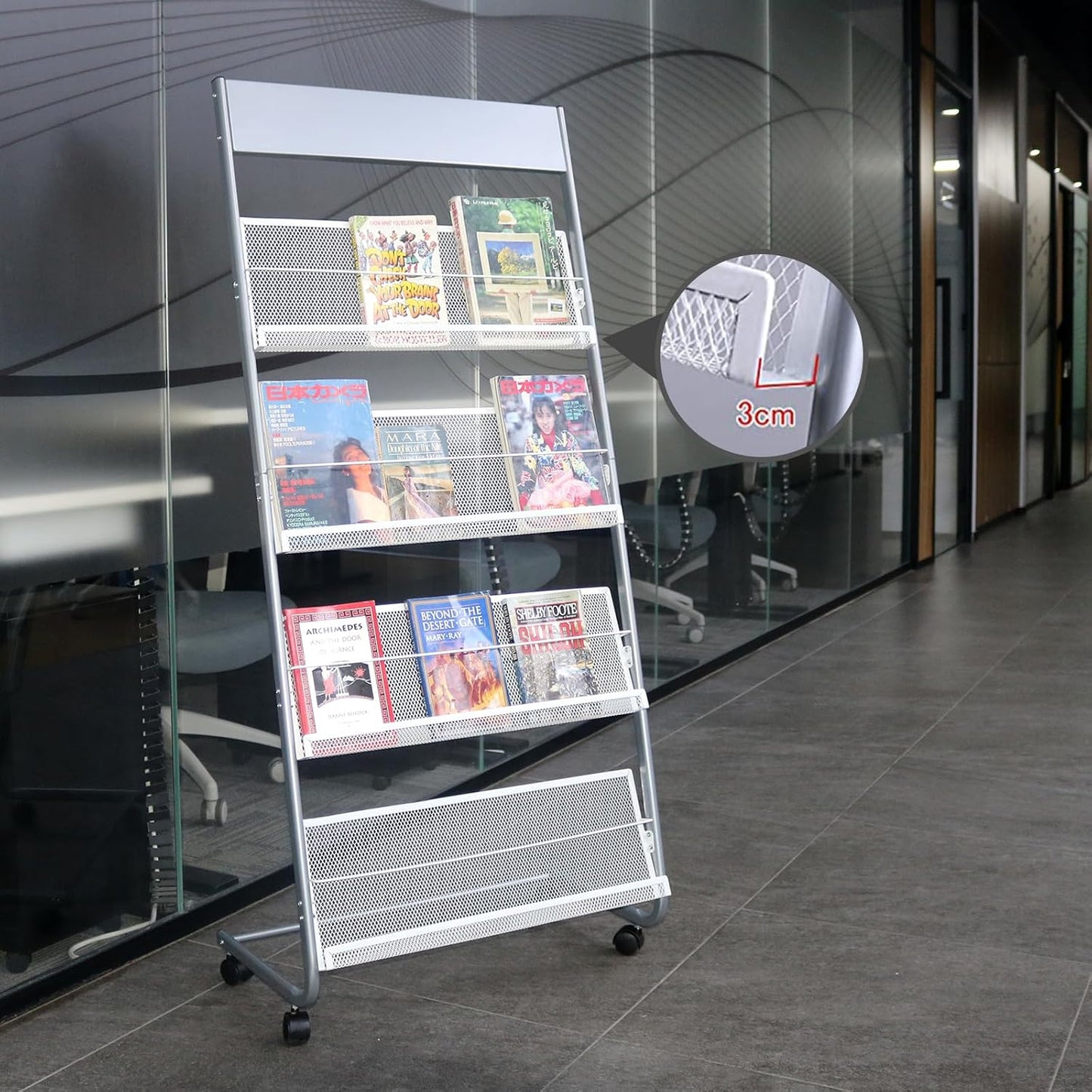 4-Layer Iron Magazine Rack with Wheels, Newspaper Rack, Display Rack, Silver (63)
