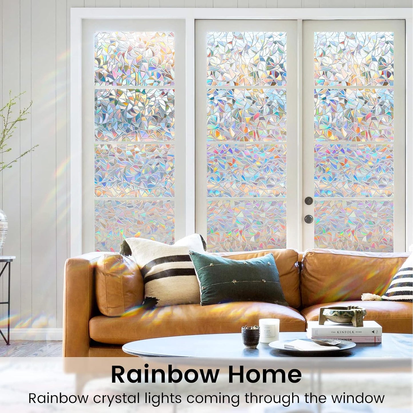 DOWELL Window Privacy Film, Rainbow Window Film, Decorative Stained Glass Clings, Static Cling Door Sticker, Non-Adhesive 3D Decals for Home UV Protection, 23.6 x 157.5 inches