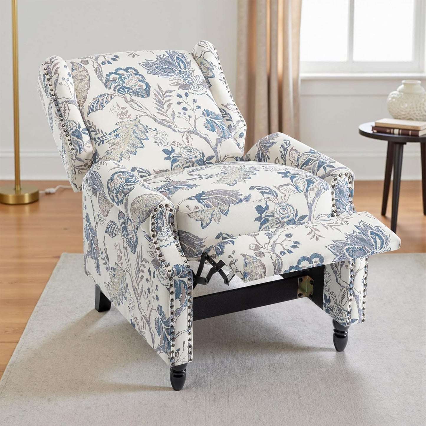 UIXE Pushback Recliner Chair, Push Back Accent Chair Fabric Upholstered Armchair for Living Room, Rivet Trim Home Theater Single Sofa Bedroom Reading Seat - Blue Plants