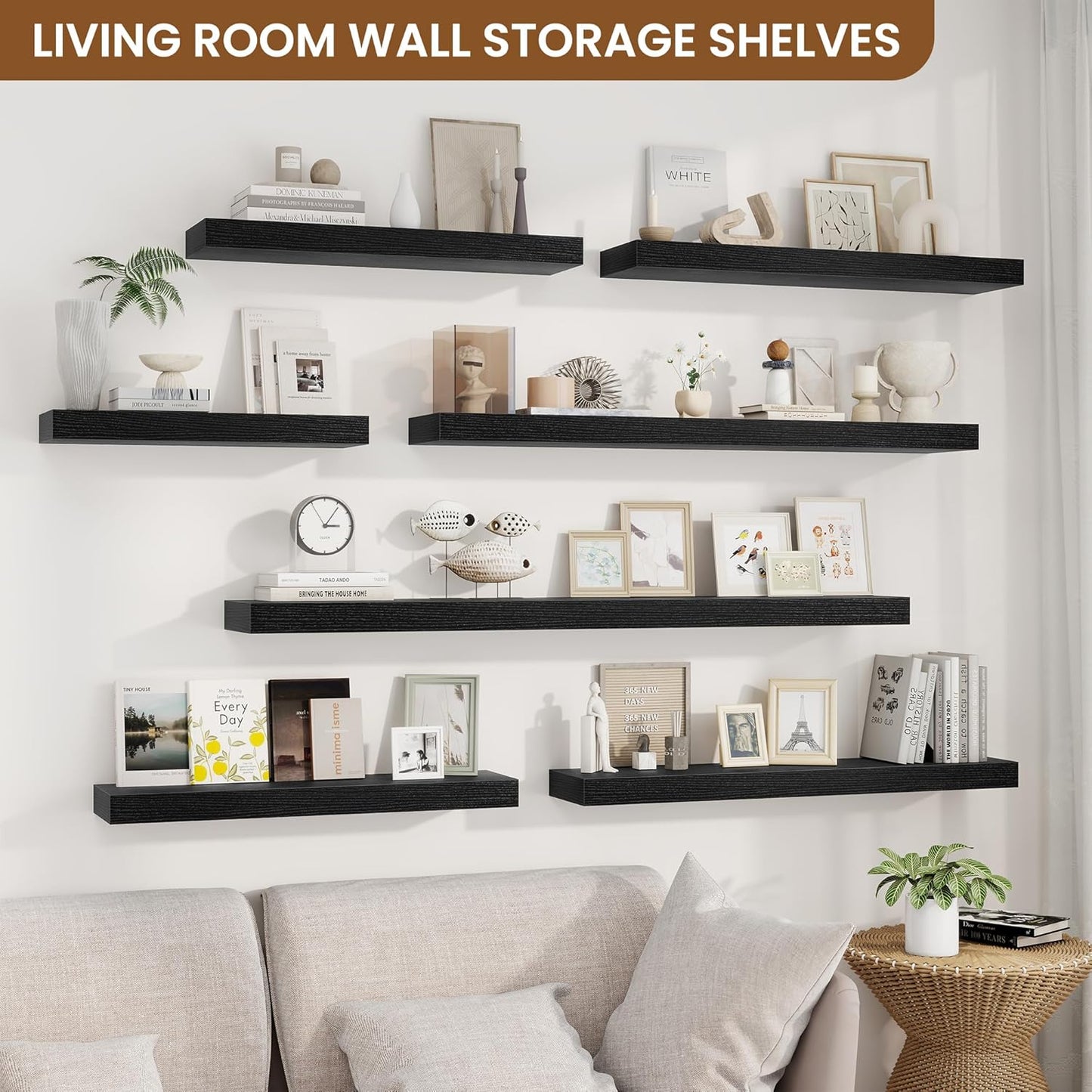 fuqing Floating Shelves for Wall, Bathroom Shelf Wall Mounted for Storage, Shelves with Invisible Bracket for Bedroom, Kitchen, Living Room, Farmhouse Small Book Shelf, 48 Inch Set of 2, Black