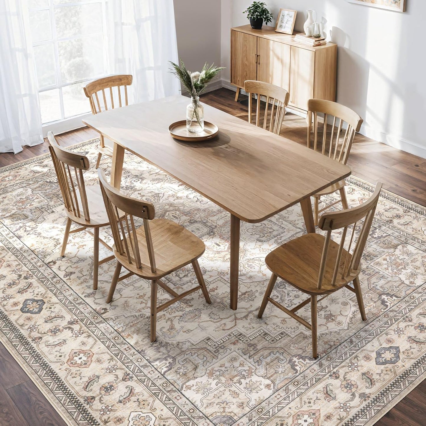 Washable Area Rugs for Living Room - 8x10 Neutral Vintage Distressed Floral Farmhouse Boho Large Soft Floor Rug Indoor Non Slip Carpet for Bedroom Dining Room Office - Brown/Multi