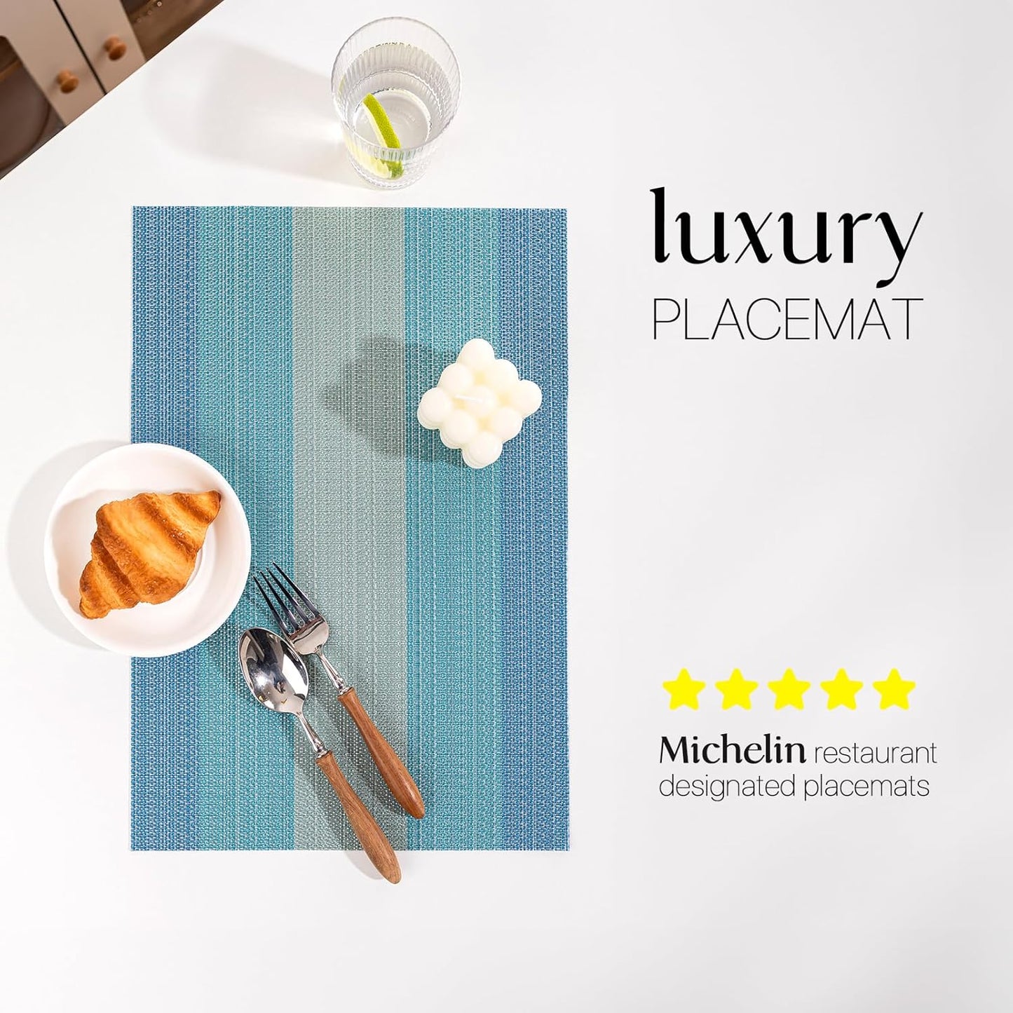 LEXMORE Placemats Set of 6 Vinyl/Plastic Woven Place Mats for Kitchen Table Indoor/Outdoor Washable Placemat Wipeable Dining Table Mats(Ocean Geode)