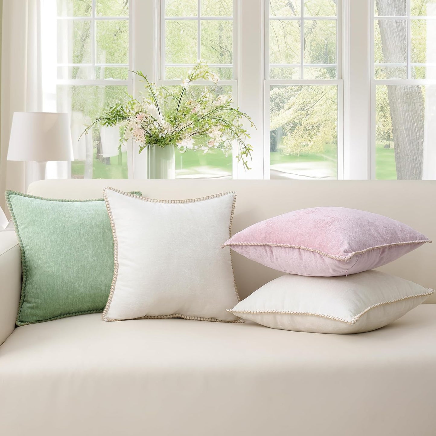 decorUhome Chenille Soft Throw Pillow Covers 16x16 Set of 2, Farmhouse Velvet Neutral Decorative Euro Pillow Covers with Stitched Edge for Couch Sofa Bed Home Decor, Cream White