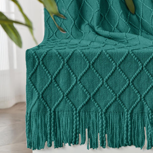 inhand Knitted Throw Blankets for Couch and Bed, Soft Cozy Knit Blanket with Tassel, Blue Lightweight Decorative Blankets and Throws, Farmhouse Warm Woven Blanket for Men and Women, 50"x60"