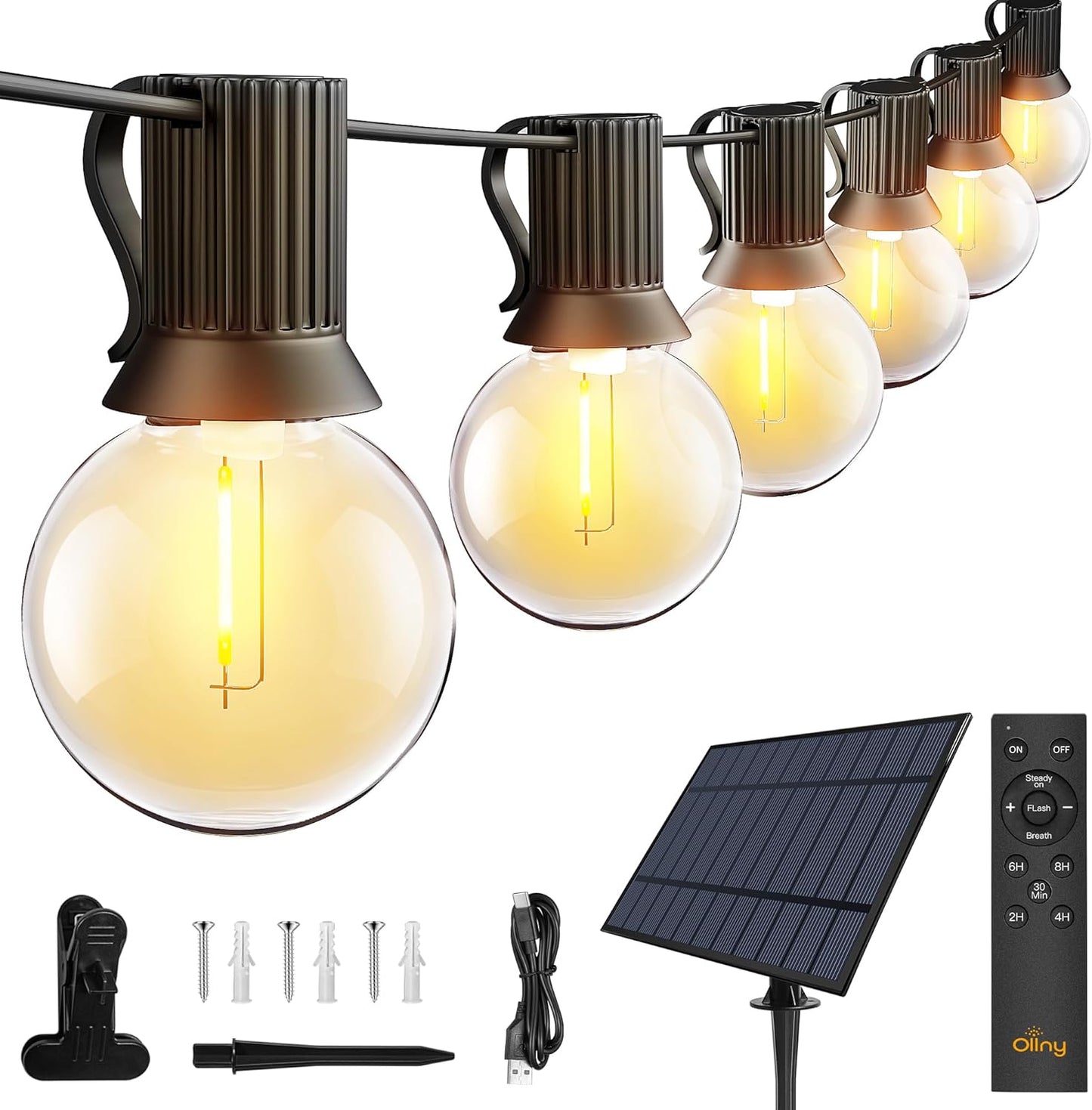 Ollny 35FT Solar Patio Lights, Waterproof Remote Control Dimmable Timers 3Modes Outdoor Light with 15 LED + 1 Spare Shatterproof Bulb, G40 String Lights for Outside Camping Backyard Tree Bistro