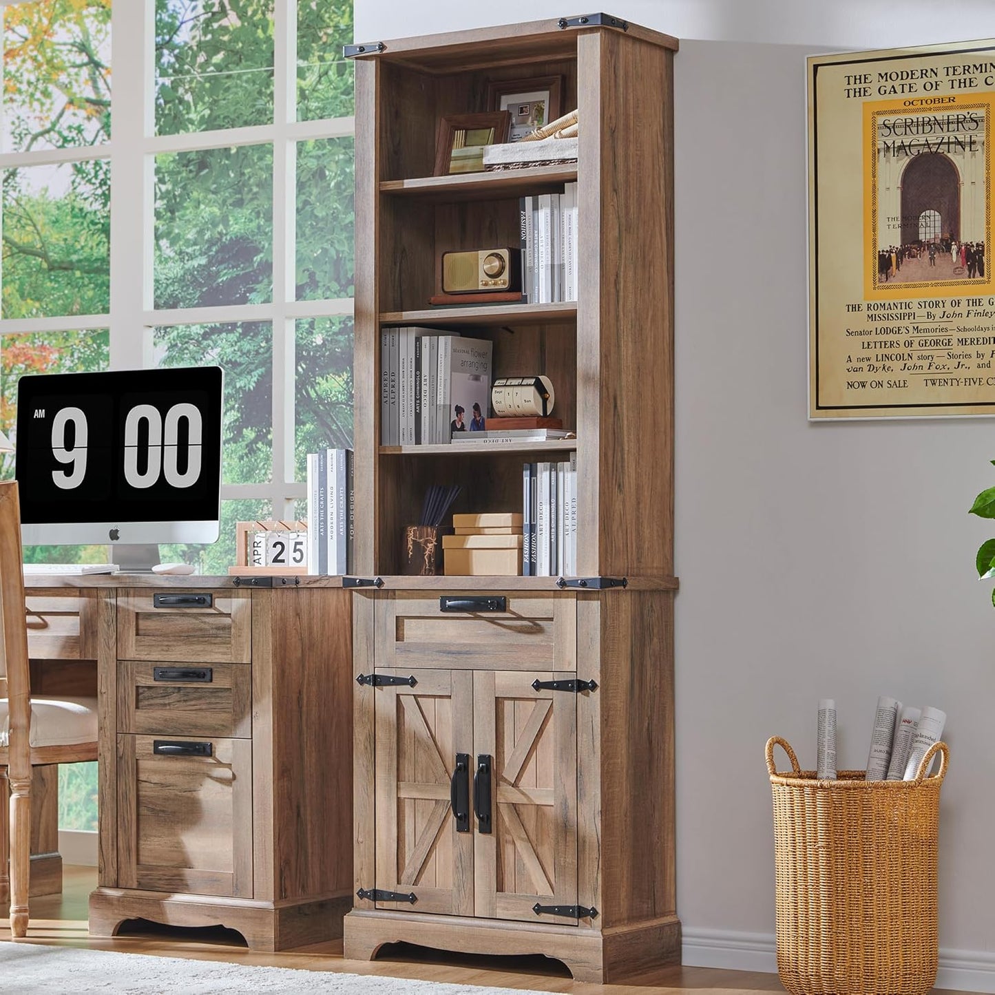 OKD 72'' Tall Bookshelf with Storage, Farmhouse 4 Tier Bookcase with Barn Door, Adjustable Shelves and Drawers, Rustic Wooden Office Bookshelves for Home Bedroom, Living Room, Library (Natural Oak)