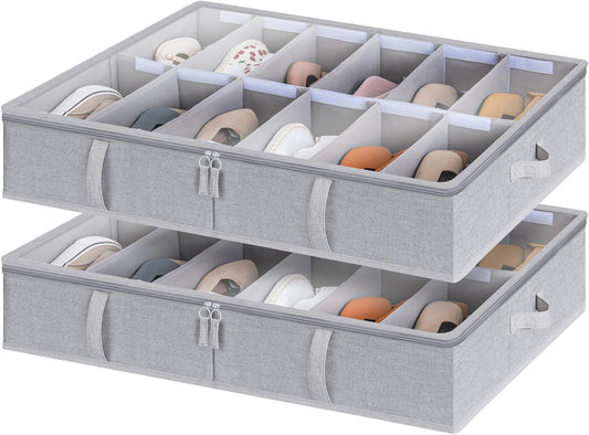 StorageWorks Under Bed Shoe Storage Organizer, Underbed Shoes Container with Adjustable Dividers, Shoe Storage Basket with Cover, Grey, 2-Pack, Space-Saving Shoe Box Fits up to 24 Pairs