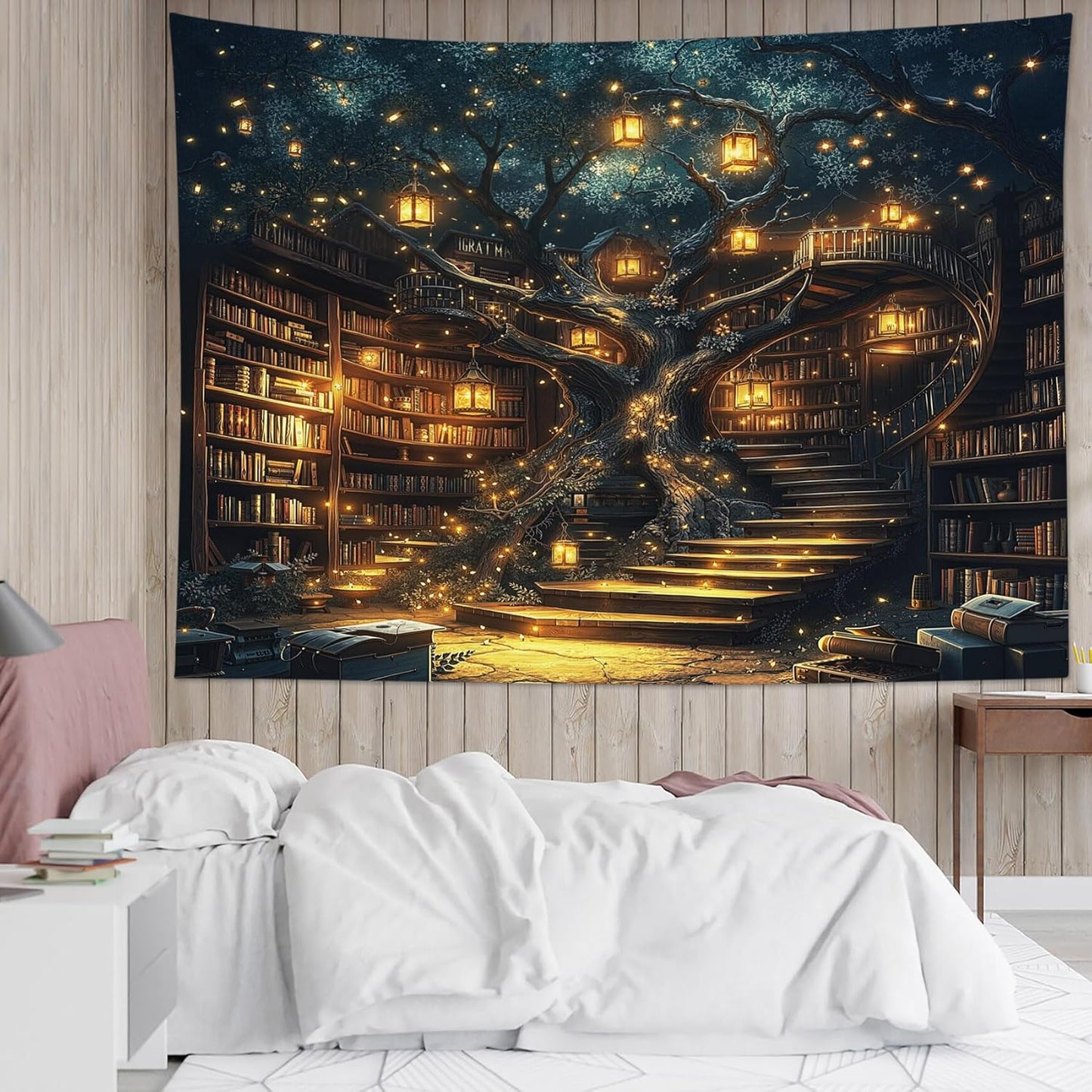 HVEST Fantasy Library Tapestry Fairytale Tree Vintage Bookshelf Tapestry for Bedroom Retro Bookshelf Book Wall Decor for Classroom Study Room College Room Dorm, 40L x 60W Inches