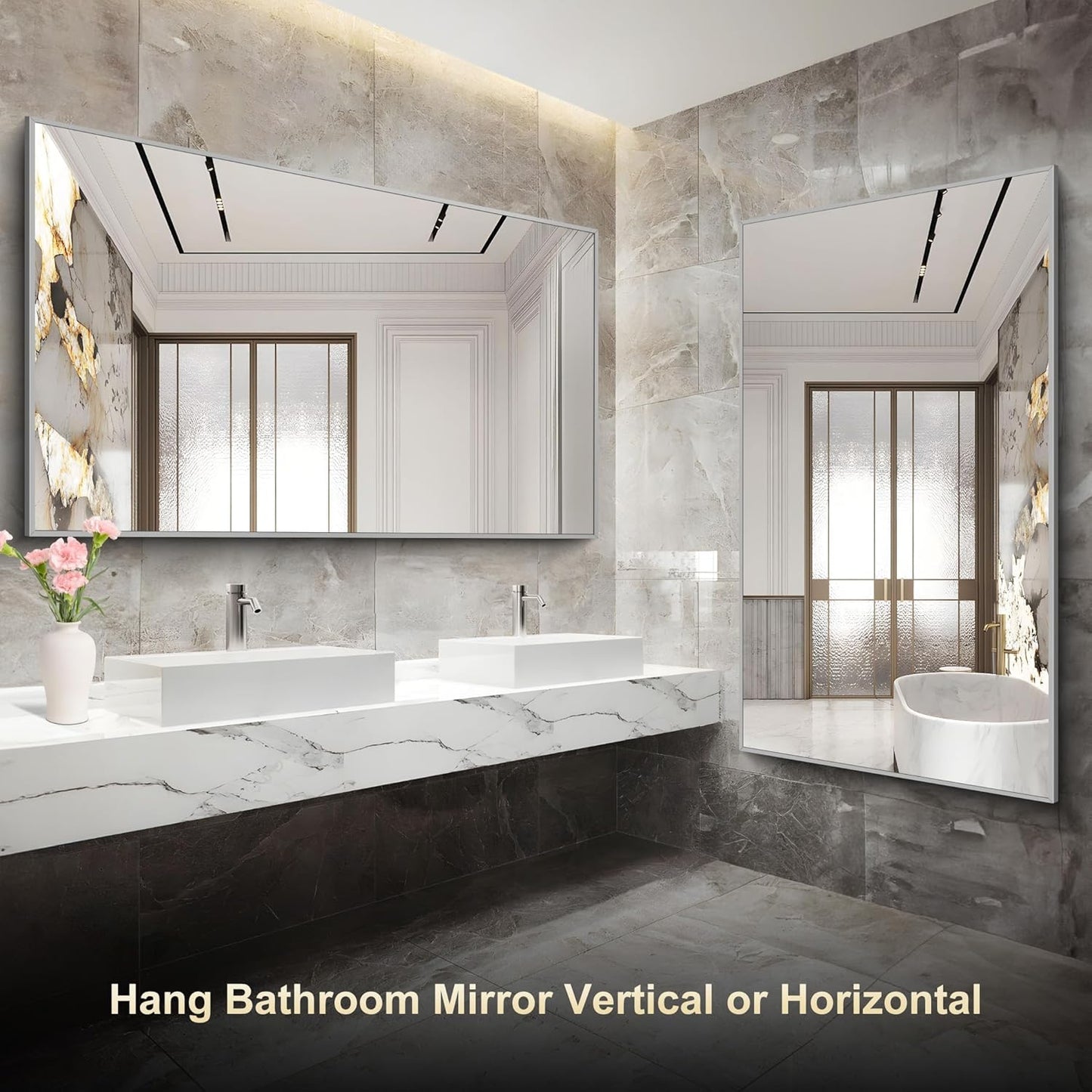 36x60inch Brushed Nickel Bathroom Mirror, Silver Rectangle Mirror with Frame, Large Rectangular Wall Mirrors for Bathroom, Living Roomm, Hair Salon, Big Mirror Hang Horizontal/Vertical