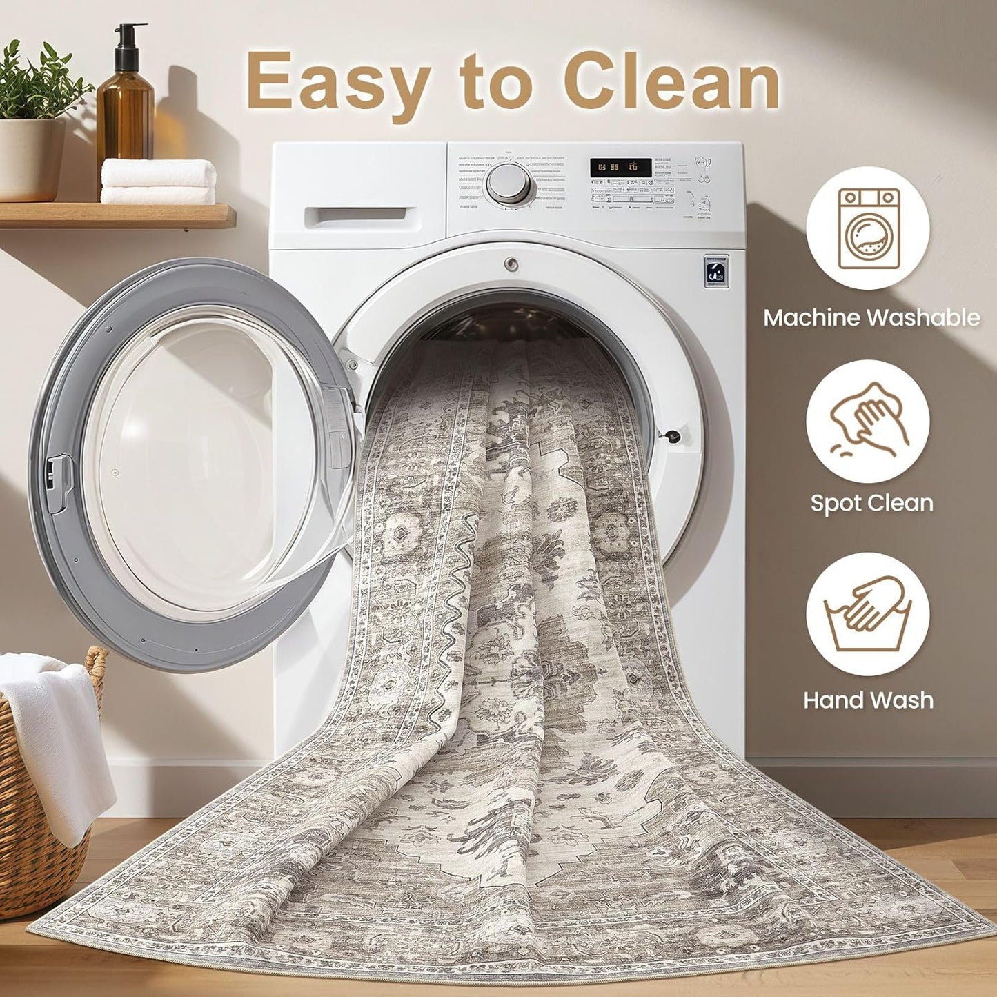 Washable Area Rugs for Living Room -6x9 Neutral Vintage Distressed Floral Farmhouse Boho Large Soft Floor Rug Indoor Non Slip Carpet for Living Room Bedroom Dining Room Office-Brown/Beige
