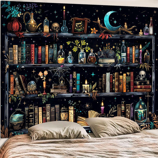 Accnicc Magic Bookshelf Tapestry Magical Witchy Potion Dark Hippie Haloween Tapestries Wall Hanging Gothic Skull Black Cat Library Book Large Tapestry for Bedroom Living Room Dorm 90 x 68 inch