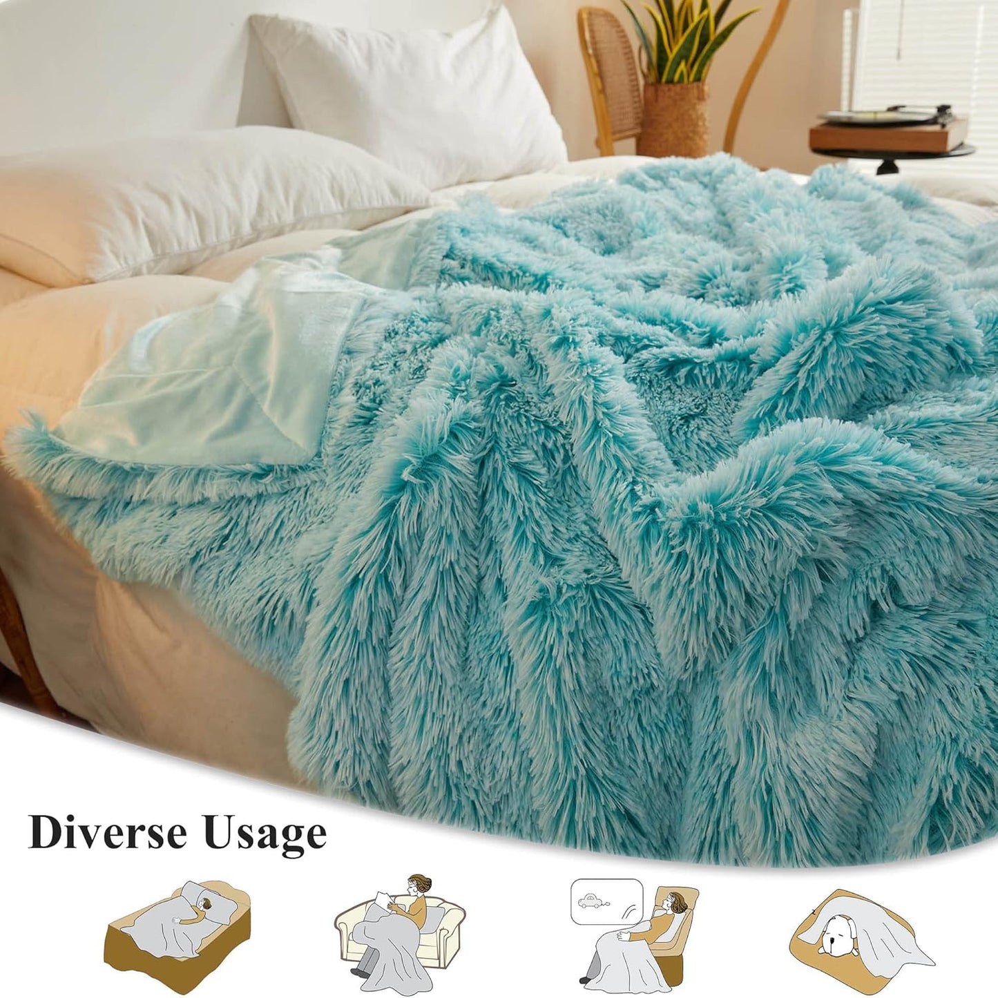 XeGe Luxury Faux Fur Blanket, Soft Big Fluffy Throw, Shaggy Plush Decorative Couch Blanket, Cute Furry Fuzzy Bed Throw for Bedroom Living Room, Ombre Aqua Green, 60x90