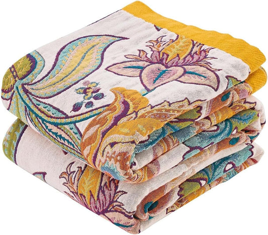 Boho Throw Blanket for Bed, 100% Cotton Soft Rustic Quilt Fall Blanket, 80"x90" Floral Printed Farmhouse Decor Bed Blankets, All Season Rustic Reversible Bohemian Throw Quilt