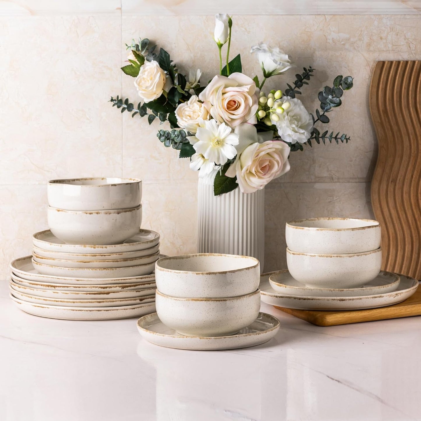 AmorArc Ceramic Dinnerware Sets, Wavy Rim Stoneware Plates and Bowls Sets, Highly Scratch Resistant | Dishwasher & Microwave Dishes set, Service for 8 (24pc)-Speckled Cappuccino