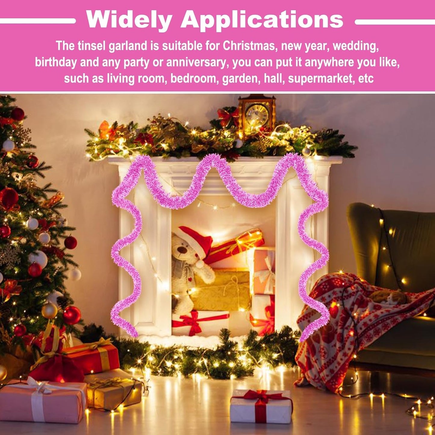 Macaron Pink Metallic Twist Tinsel Garland - 50ft x 2in Wall Hanging Backdrop for Christmas Eve, New Year & Valentine's Day Parties