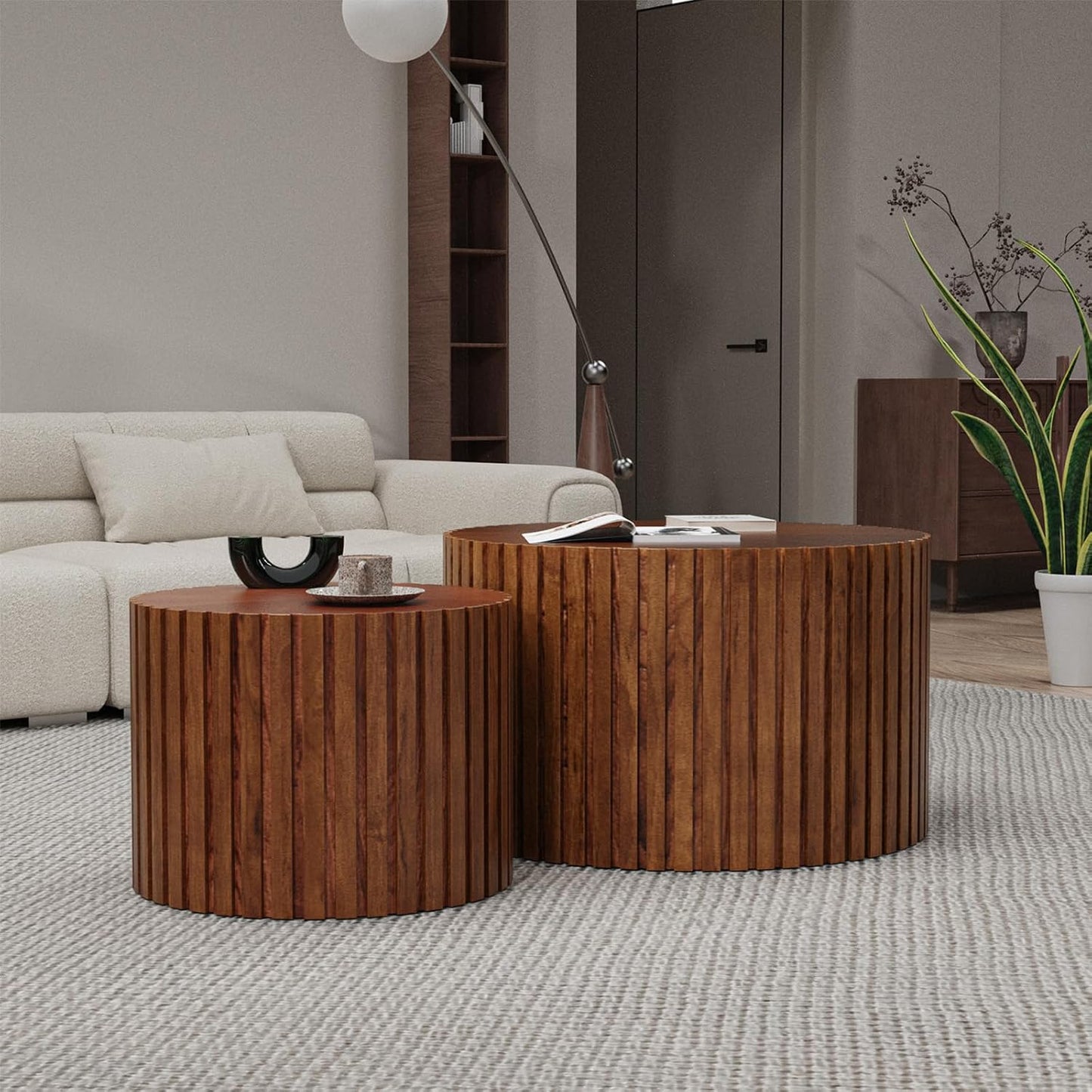 Round Nesting Coffee Table Set of 2 Handcraft Circle Fluted Nesting Coffee Tables Circular Side Table Drum Accent End Tables for Living Room Bedroom (Brown Small)