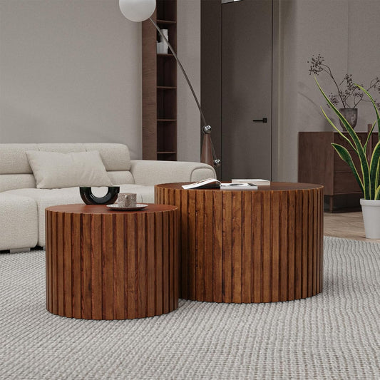 Round Nesting Coffee Table Set of 2 Handcraft Circle Fluted Nesting Coffee Tables Circular Side Table Drum Accent End Tables for Living Room Bedroom (Brown Small)
