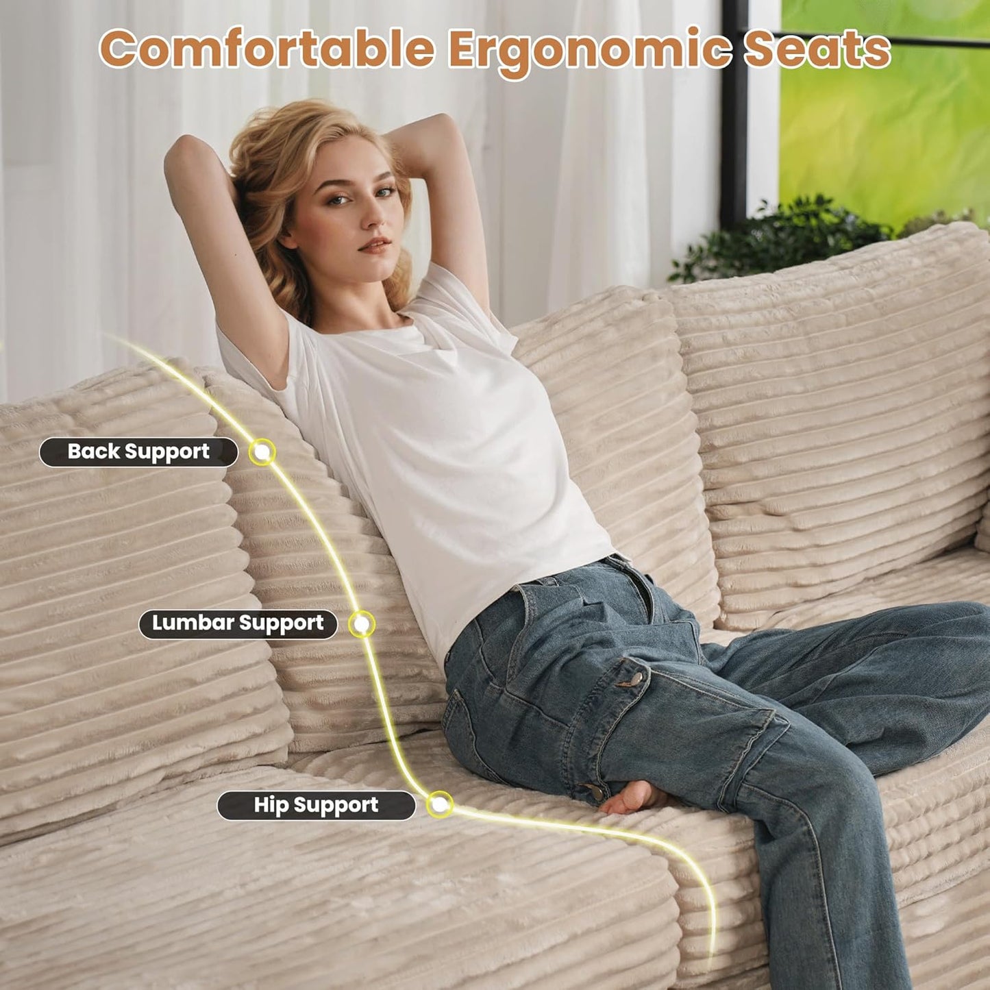 ovios Sectional Sofa Couch with L-Shape Chaise Sofa Bed, Comfy Modular Cloud Couches with Deep Seat, Modern Upholstered Plush Corduroy Sofas Set for Living Room, 5-Seater, Beige