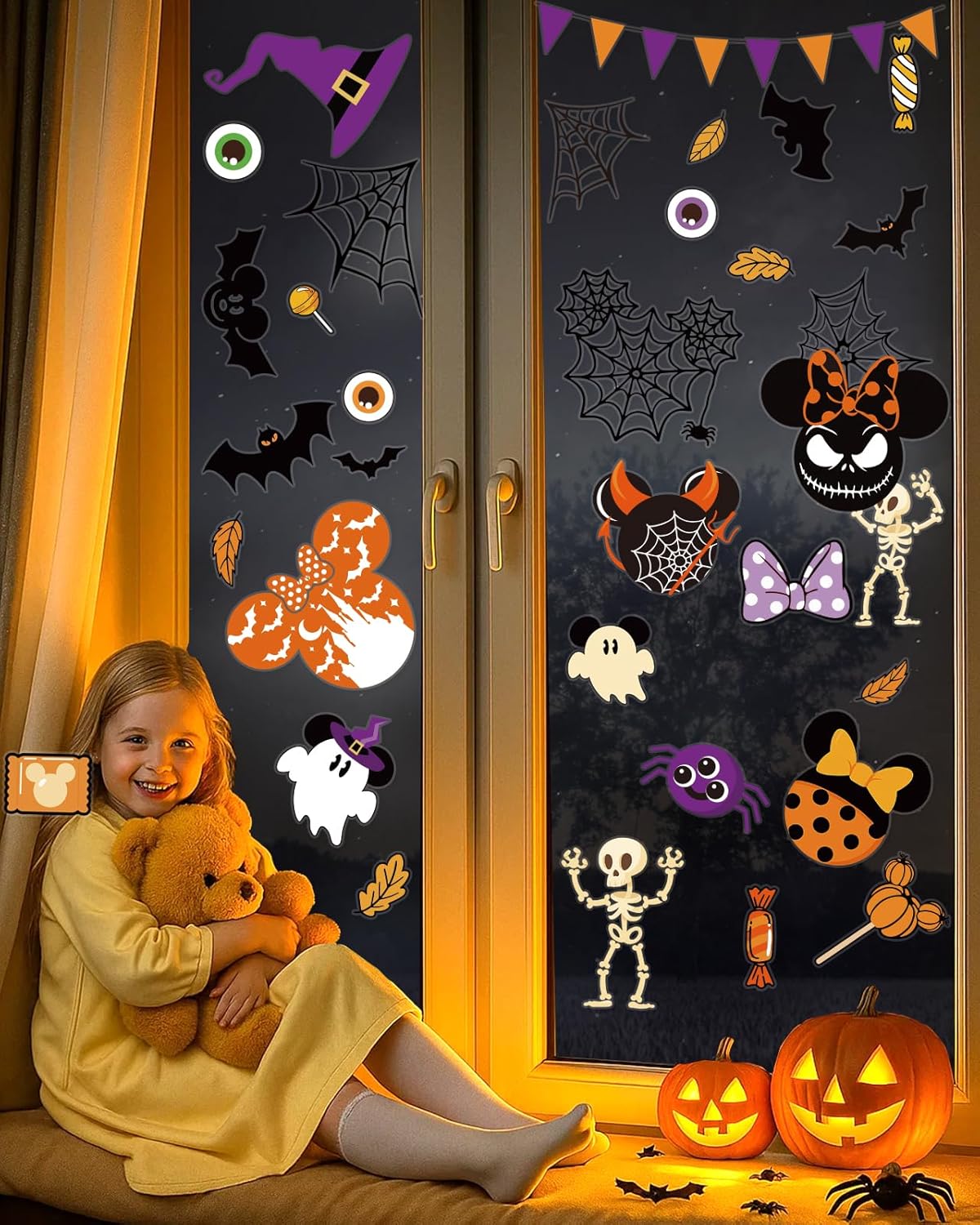 Halloween Window Clings - 9 Sheets 129 Pcs Cute Happy Halloween Window Decorations Indoor for Home Party Eyes Pumpkin Ghost Bats Stickers for Glass Double-Sided Removable Static Glass Decals