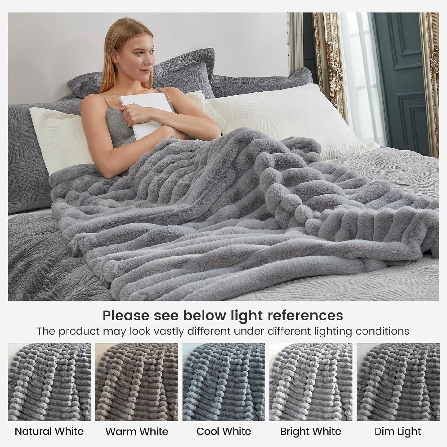 Cozy Bliss Faux Fur Throw Blanket for Couch, Cozy Warm Plush Striped Blanket for Sofa Bedroom Living Room,60 * 80 Inches Grey
