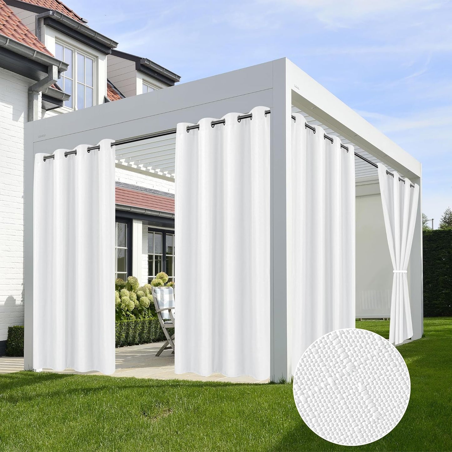 HolidayIdeas 4 Panels Linen Outdoor Curtains for Patio Waterproof White Curtains 84 Inch Length-Outside Curtains Weatherproof, Privacy for Pergola, Porch, Gazebo-54 Wide x 84" Long