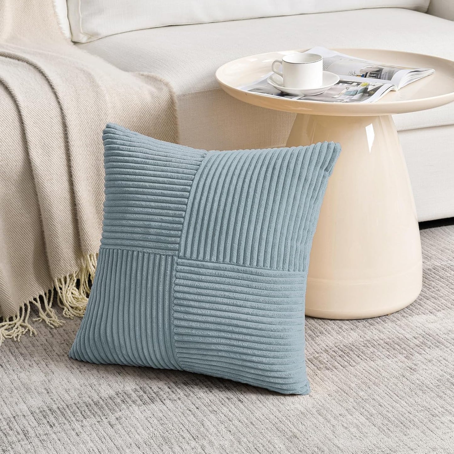 Fancy Homi Set of 2 Light Blue Decorative Throw Pillow Covers 20x20 Inch for Living Room Couch Bed Sofa, Farmhouse Boho Home Decor, Soft Cross Corduroy Patchwork Accent Square Cushion Case 50x50 cm