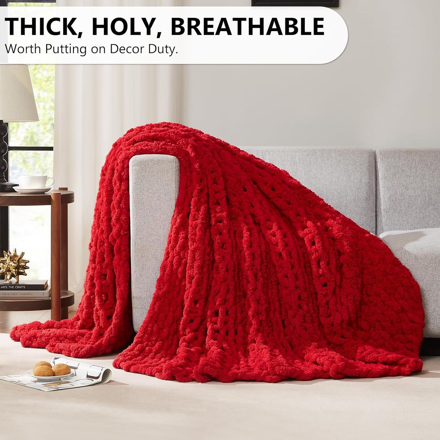 L'AGRATY Chunky Knit Blanket - Soft Chenille Yarn Throw - 60x80 inch: Handmade Thick Cable Crochet Blanket - Large Chunky Yarn Rope Knot Throw for Couch, Sofa, Bed, Home Decor