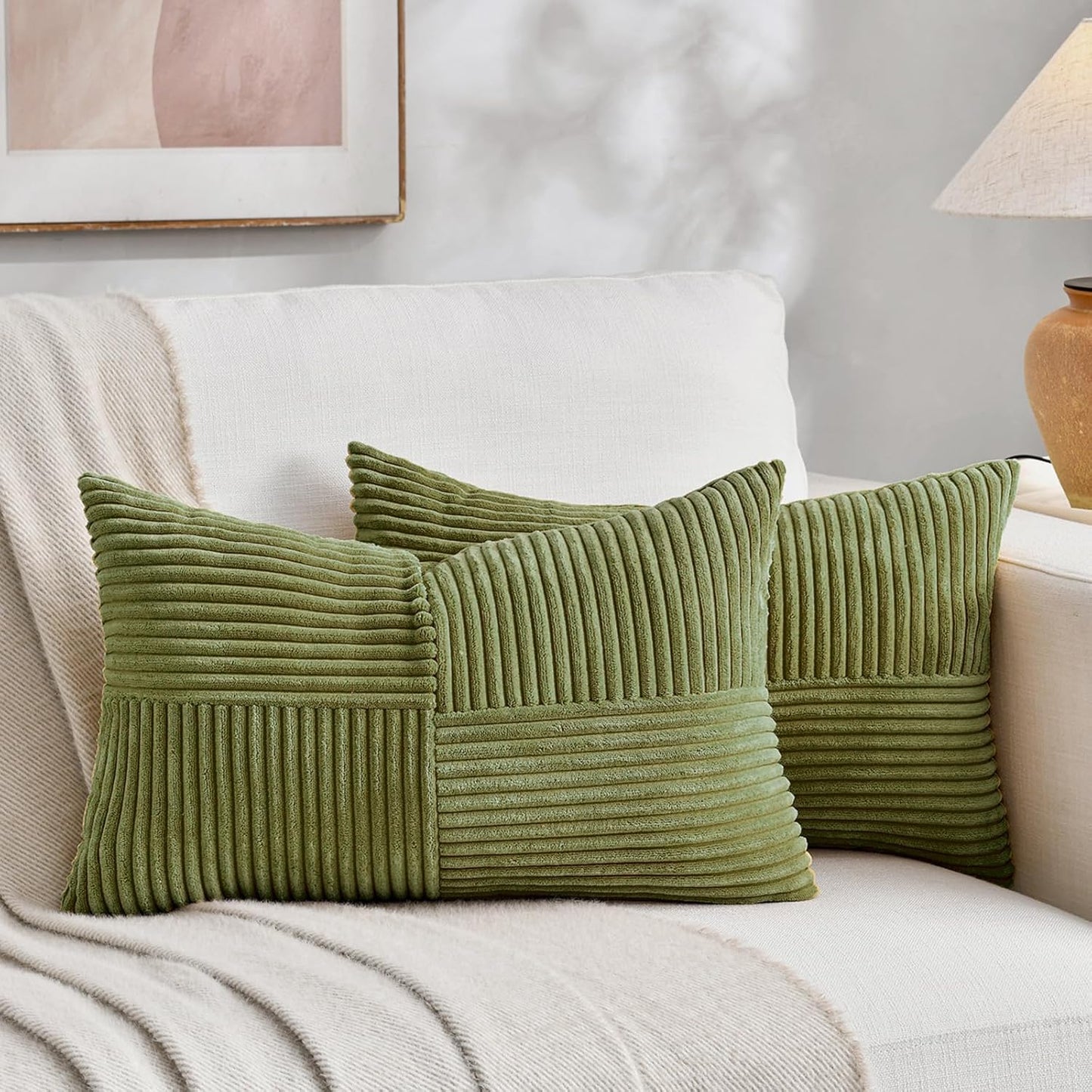 Fancy Homi 2 Packs Moss Green Long Lumbar Decorative Throw Pillow Covers 12x24 Inch for Couch Bed Sofa, Rustic Farmhouse Boho Home Decor, Soft Striped Corduroy Rectangle Accent Cushion Case 30x60 cm