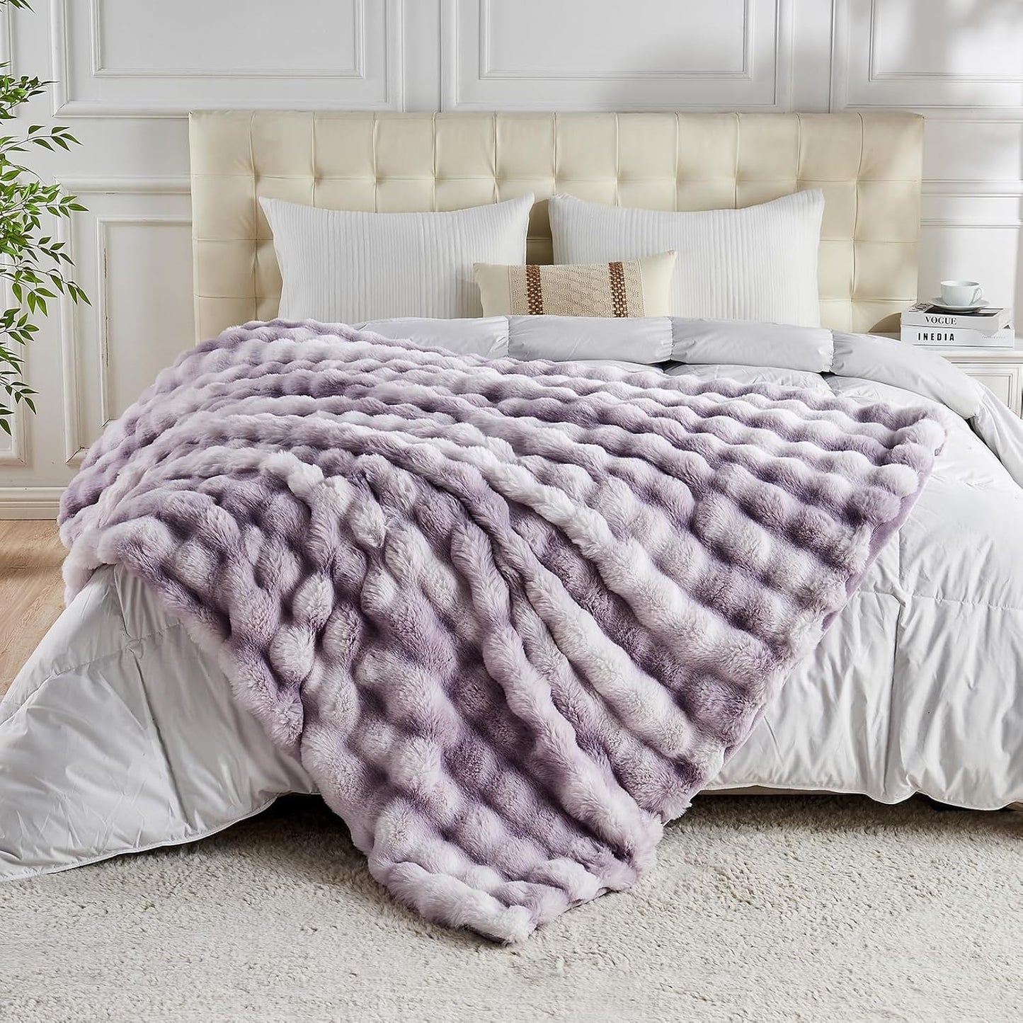 Lotus Karen Faux Fur Throw Blanket Tie-Dye Purple - Big Bubble Rabbit Fluff Blanket for Couch, Large Fluffy Fuzzy Cozy Blanket,Thick Furry Plush Shaggy Blankets,108x90 Inches