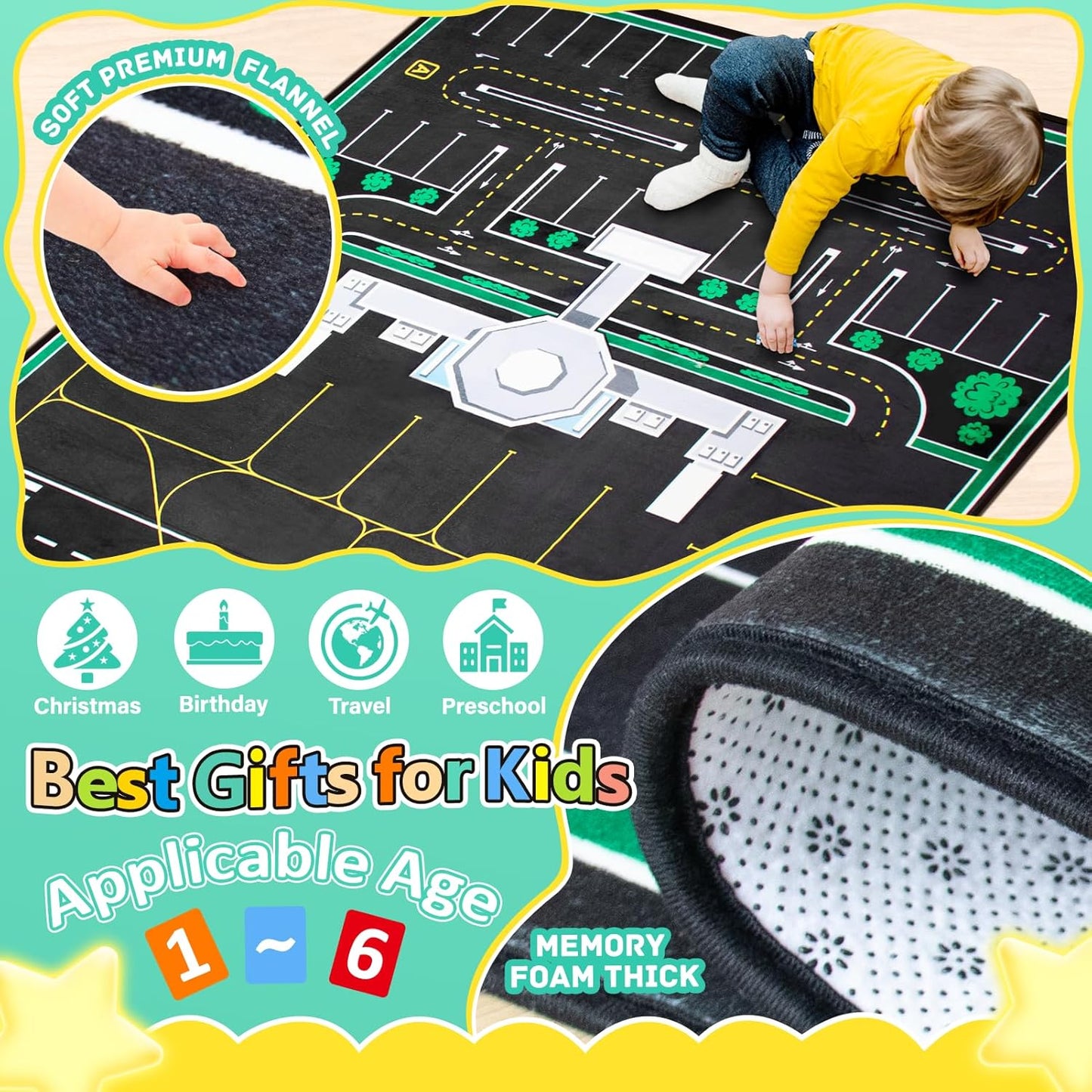 Kids Rug, Road Carpet for Kids with Combined City Road Traffic System, Car Rug and Airport Play Mat, 6x9 Ft Children’s Play Rugs for Playroom, Children’s City Traffic Map Fun Car Mat,Non-Slip