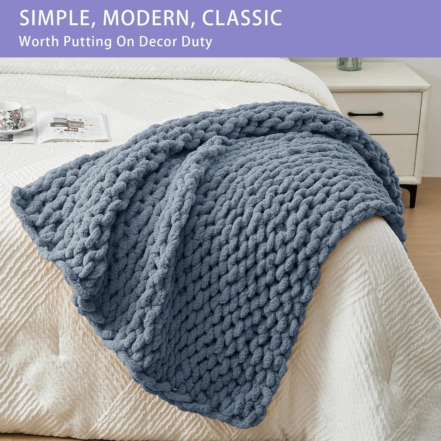 Bigacogo Chunky Knit Throw Blanket for Couch, 40x40 inches, 100% Hand Knitted with Thick Jumbo Chenille Yarn, Cozy Soft Large Rope Knot Cable Crochet Blankets for Sofa Bed Living Room, Cold Sea Blue