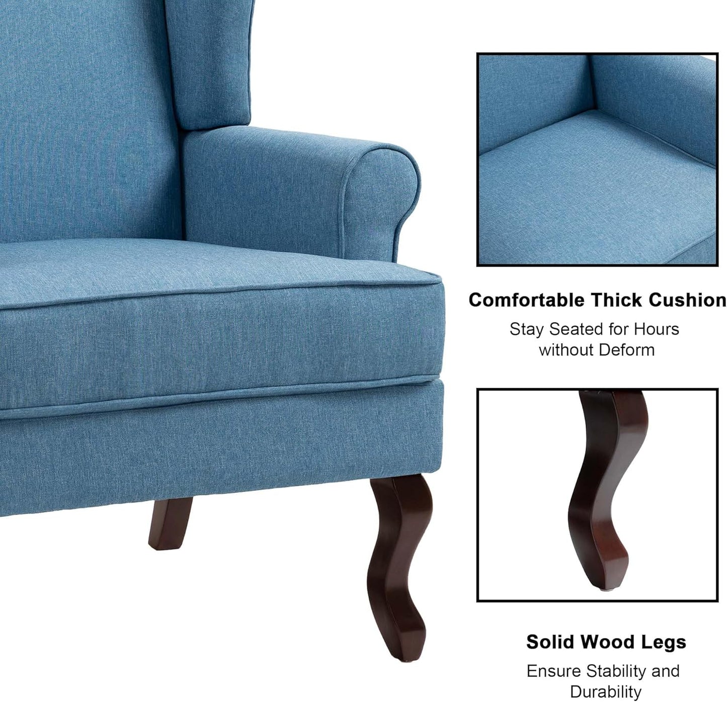 Accent Chair, High Back Upholstered Armchair with High Resilience Sponge & Wood Legs, Mid-Century Modern Comfy Single Sofa Reading Chairs for Living Room, Bedroom (Blue, Set of 2)