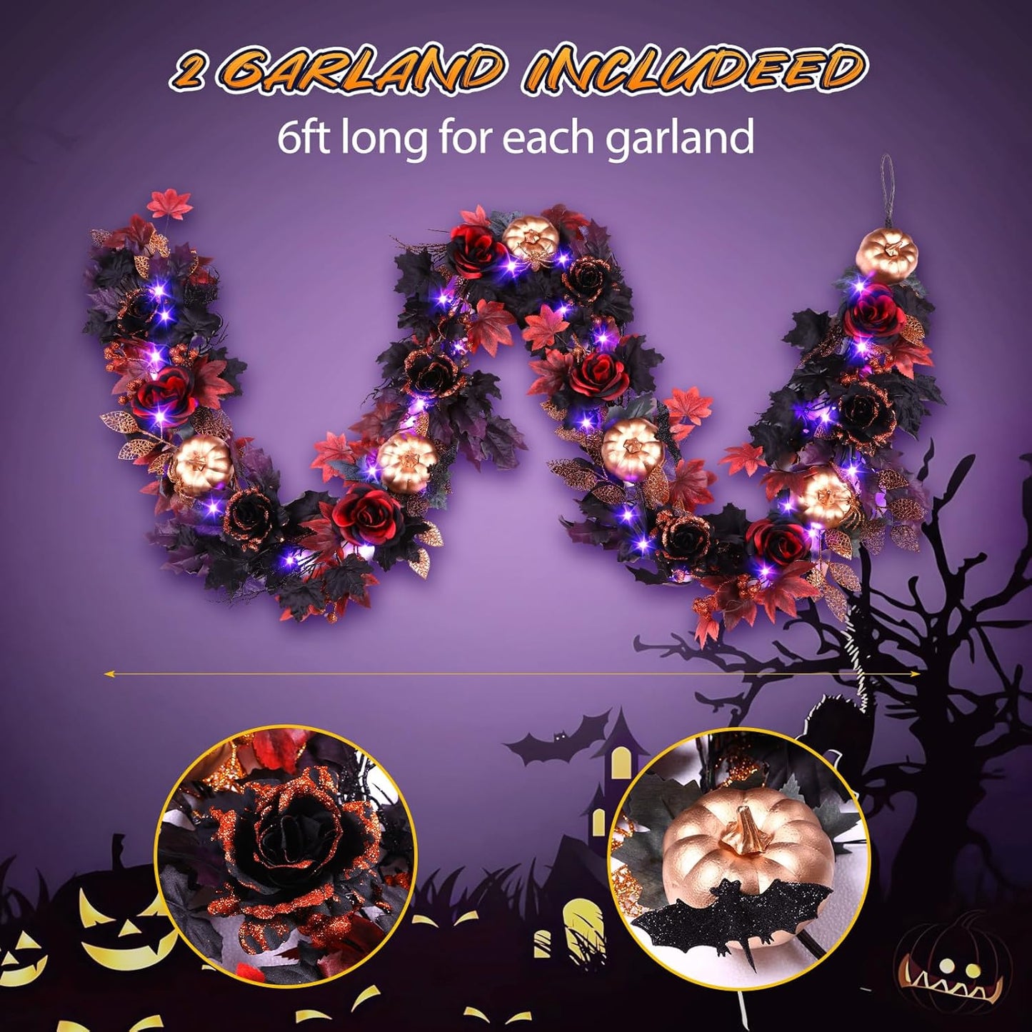 SHareconn 2 Pcs 6FT Halloween Garland with Purple Lights Battery Operated and Timer, Pre-Lit Black Red Maple Leaves Lighted Garland Decorations for Fireplace Mantle Centerpiece Indoor Outdoor Decor