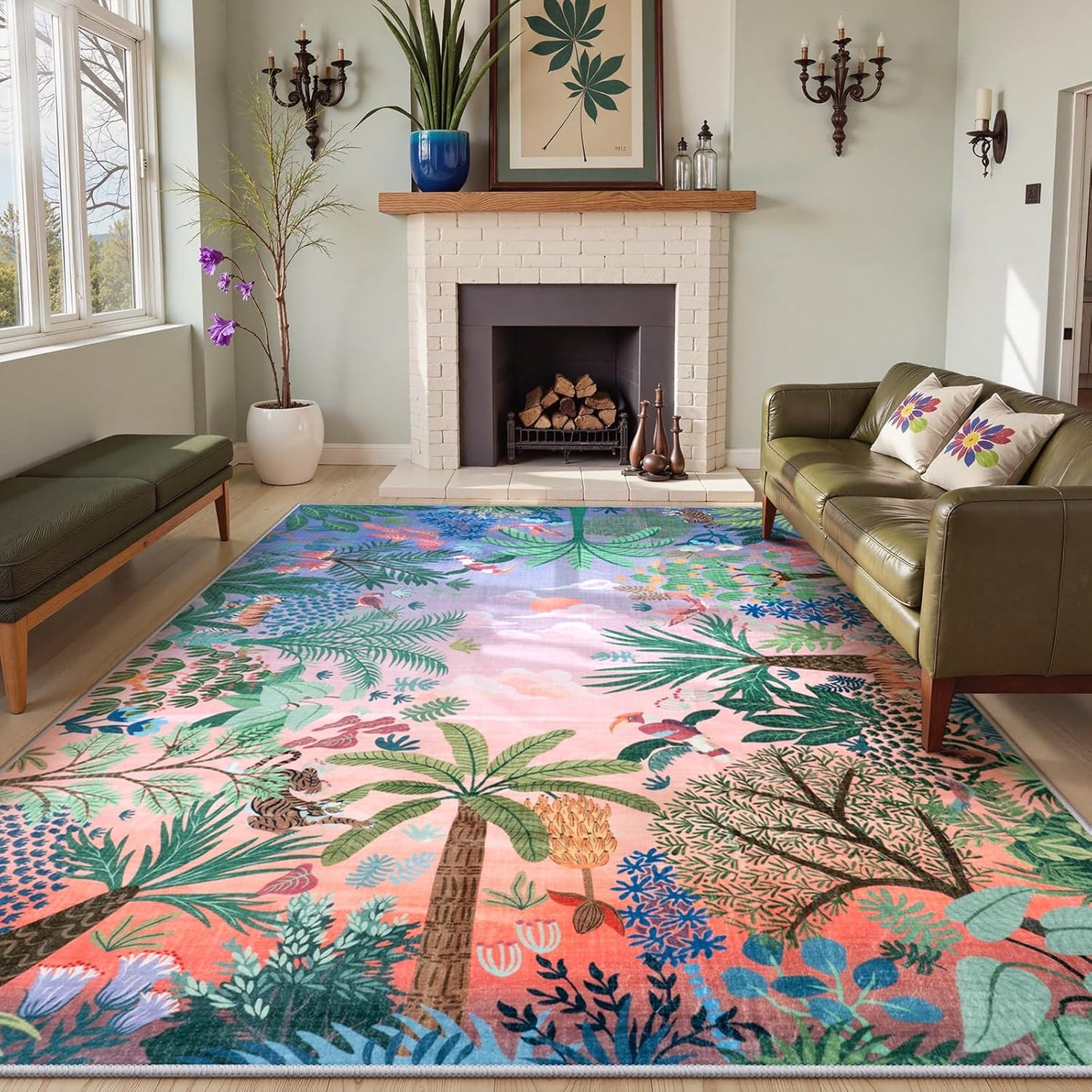 LIVEBOX Washable 6x9 Rug for Living Room, Soft Jungle Animal Print Rugs for Bedroom Aesthetic, Non Slip Purple Boho Rug Botanical Kids Rugs for Bedroom Girls,Stain Resistant Kid Rug for Playroom