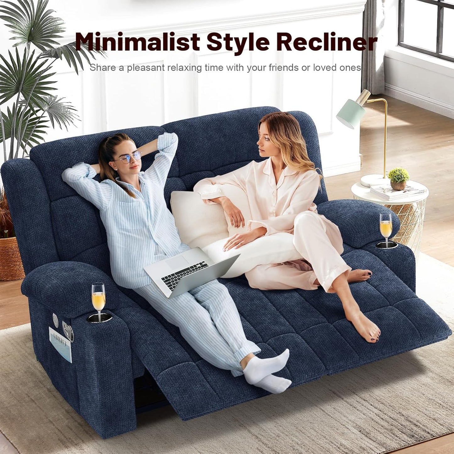 Loveseat Recliner Sofa, 2 Seater Minimalist Style Fabric Manual Pull Tab Reclining Loveseat with USB Charge Ports, Cup Holders, Recliner Love Seat Couches for Living Room, RV, Blue
