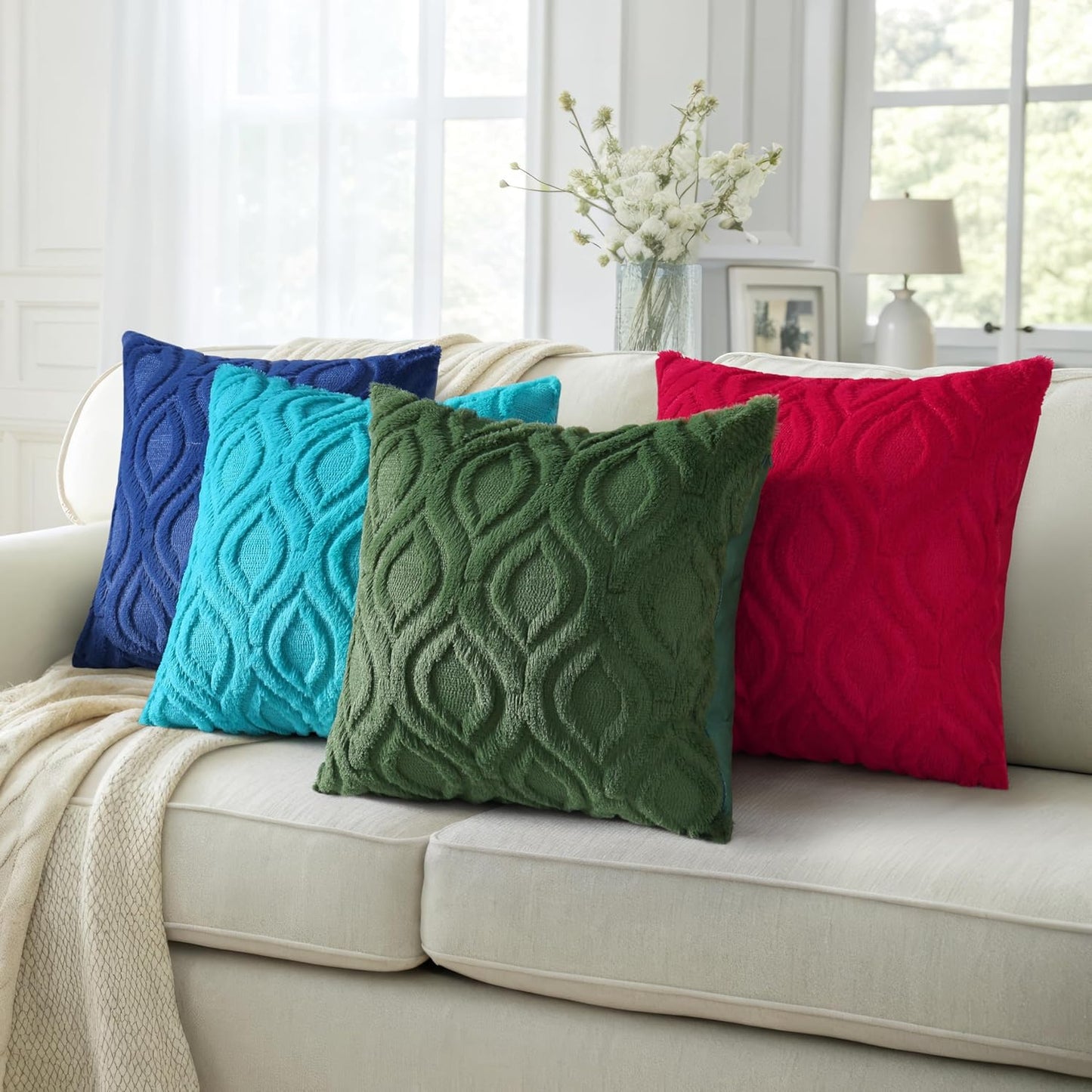decorUhome Fall Throw Pillow Covers 22x22 Inch Set of 2, Soft Plush Decorative Faux Fur Turquoise Solid Couch Pillow Covers, Accent Farmhouse Neutral Square Euro Pillow Cases for Sofa Bed Living Room