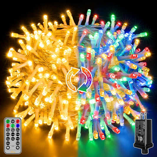 Ollny Christmas String Lights Indoor Outdoor 200LED/66FT Multicolored to Warm White Color Changing with Remote Control Timer 11 Lighting Modes Waterproof for Bedroom House Easter Xmas Decorations