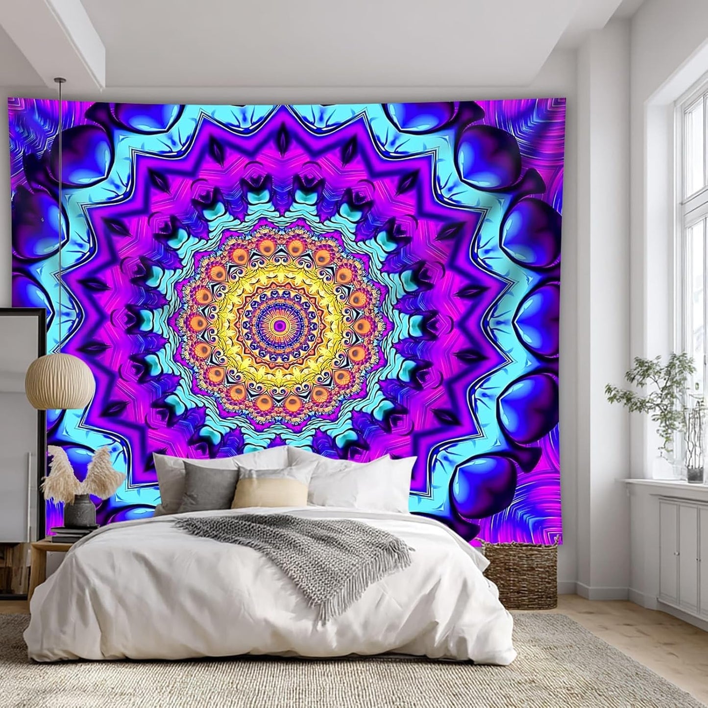 PSYHILAR Blacklight Mandala Tapestry for Bedroom, Black Light Posters for Adults and Teens, Colorful UV Reactive Aesthetic Bohemian Wall Art Decor (80 x 60 Inches)