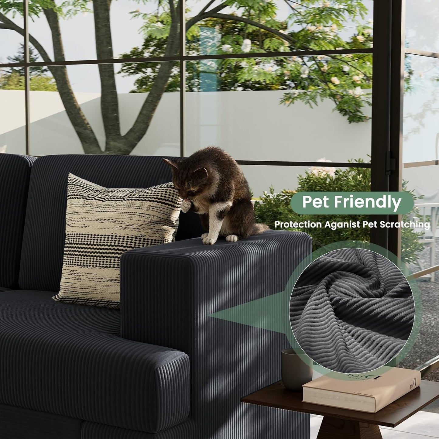 3 Pieces Corduroy Couch Set for Living Room, 7 Seats Cloud Sofa, Deep Seat Floor Couch for Bedroom, Futon Modern Sofa Sectional Bed, Black Corduroy