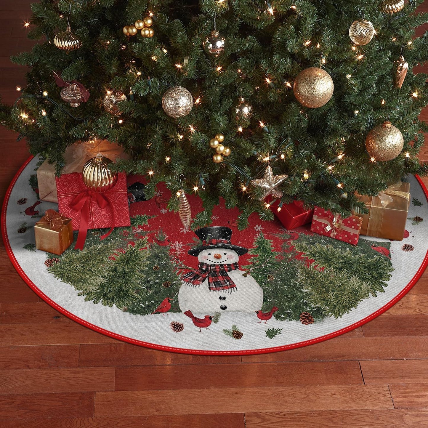 AVOIN colorlife Cardinals Cedar Snowman with Scarf Christmas Tree Skirt, Xmas Winter Holiday Party Tree Mat Indoor Outdoor Decoration 48 Inch