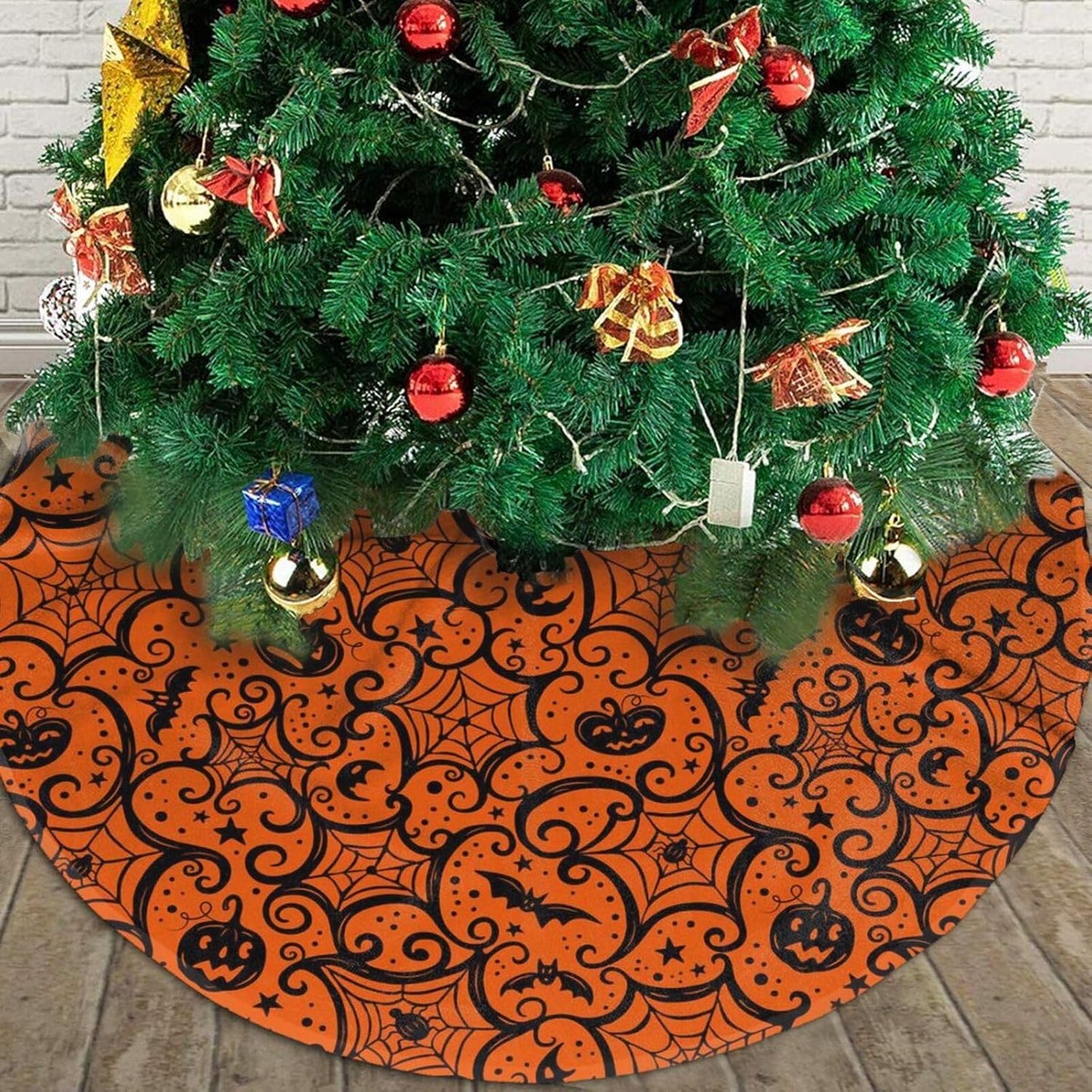 Christmas Tree Skirt,Halloween Pumpkin Xmas Tree Skirt Rustic Farmhouse Tree Skirt for Christmas Decor Xmas Holiday Home Party Decorations48