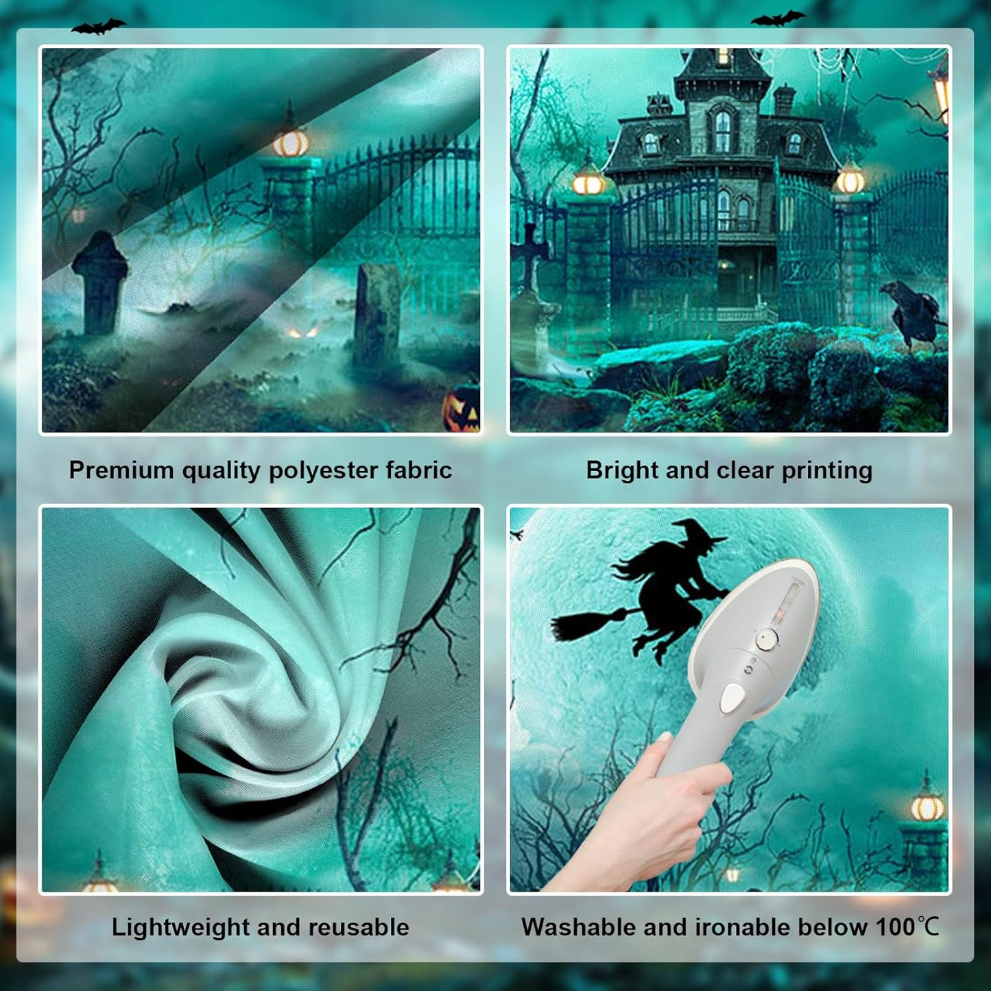 Avezano Halloween Photography Backdrop Full Moon Scary Night Castle Pumpkins Party Background Spooky Witch Bats Cemetery Child Kids Halloween Party Decorations Photoshoot Backdrops (7x5ft, Green)