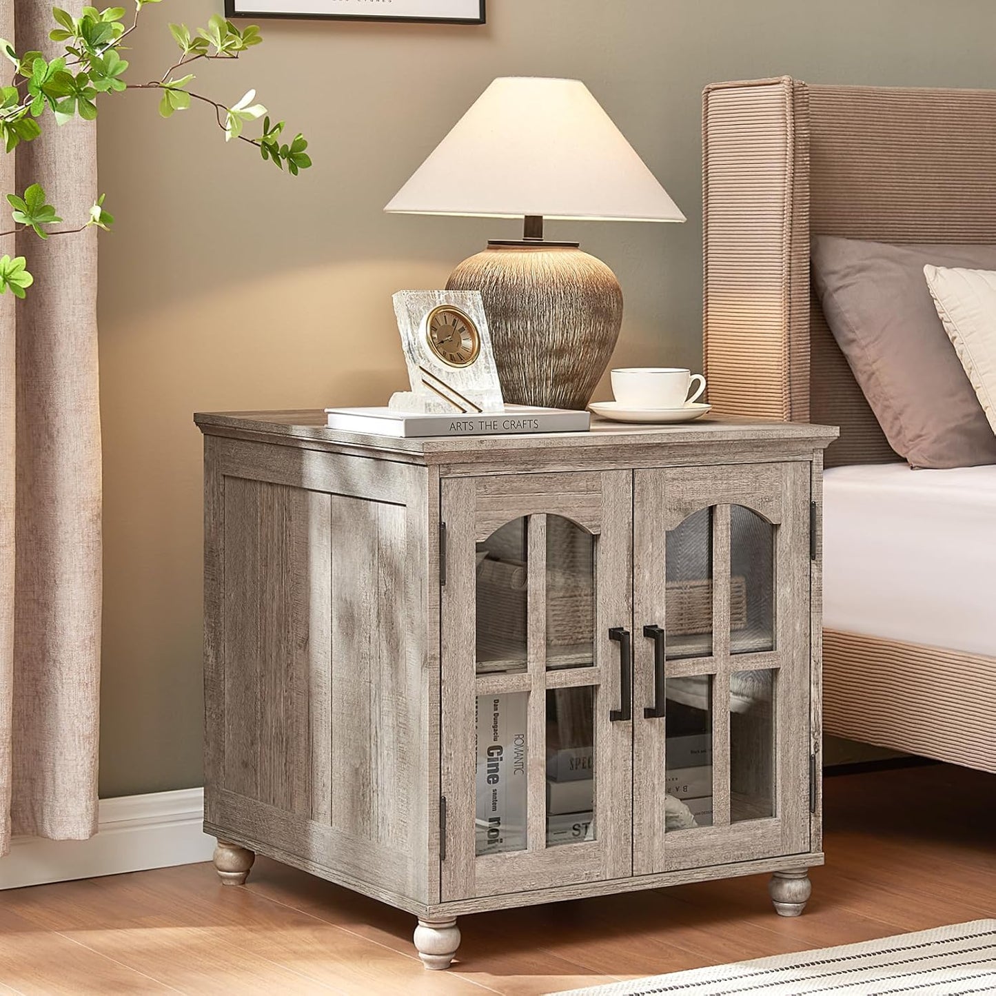 Farmhouse End Table with Charging Station,24" Large Sofa Side Table with Glass Barn Door,Rustic Wood Night Stand with Adjustable Storage Shelf,Square Bedside Table for Living Room,Bedroom Office