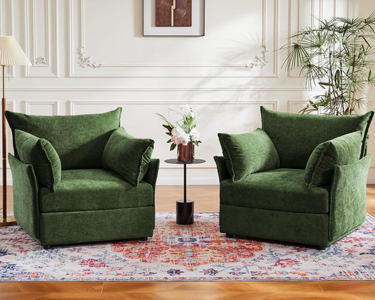 Oversized Accent Chair, Upholstered Modern Sofa Chair with Removable Backrest & Detachable Cover, 24.5" Deep Seat Large Reading Armchair for Living Room Bedroom Office - Chenille Green Set of 2