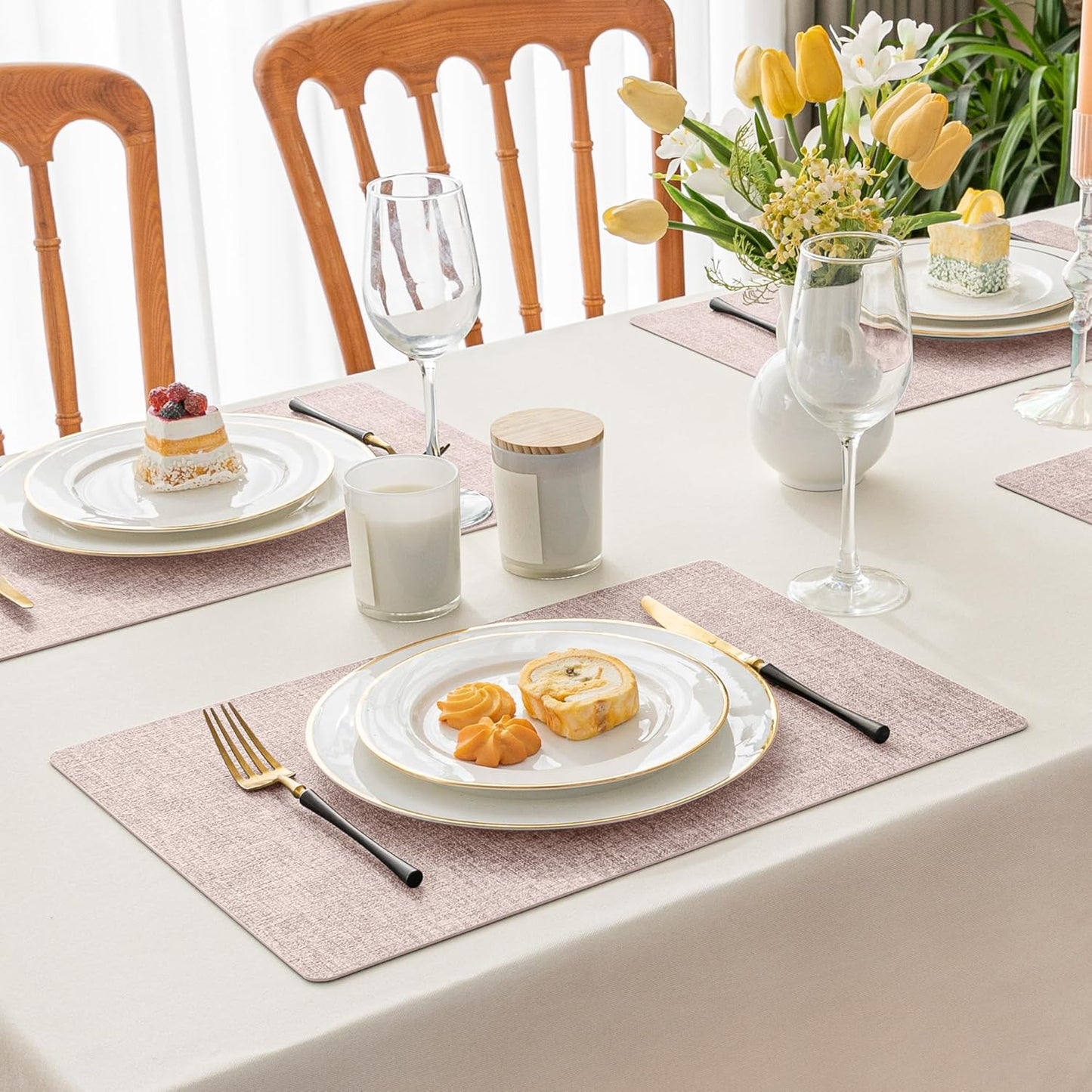 Romanstile Vinyl Placemats Set of 6-12 X 18 Inch - Heat Resistant Place Mats 100% Waterproof Oilproof Wipeable Reversible Faux Leather Table Mats for Kitchen/Dining/Party/Outdoor, Pink