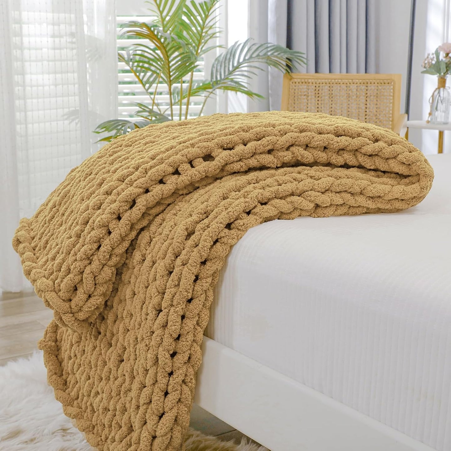 Bigacogo Chunky Knit Throw Blanket for Couch, 40x40 inches, 100% Hand Knitted with Thick Jumbo Chenille Yarn, Cozy Soft Large Rope Knot Cable Crochet Blankets for Sofa Bed Living Room, Goldenrod