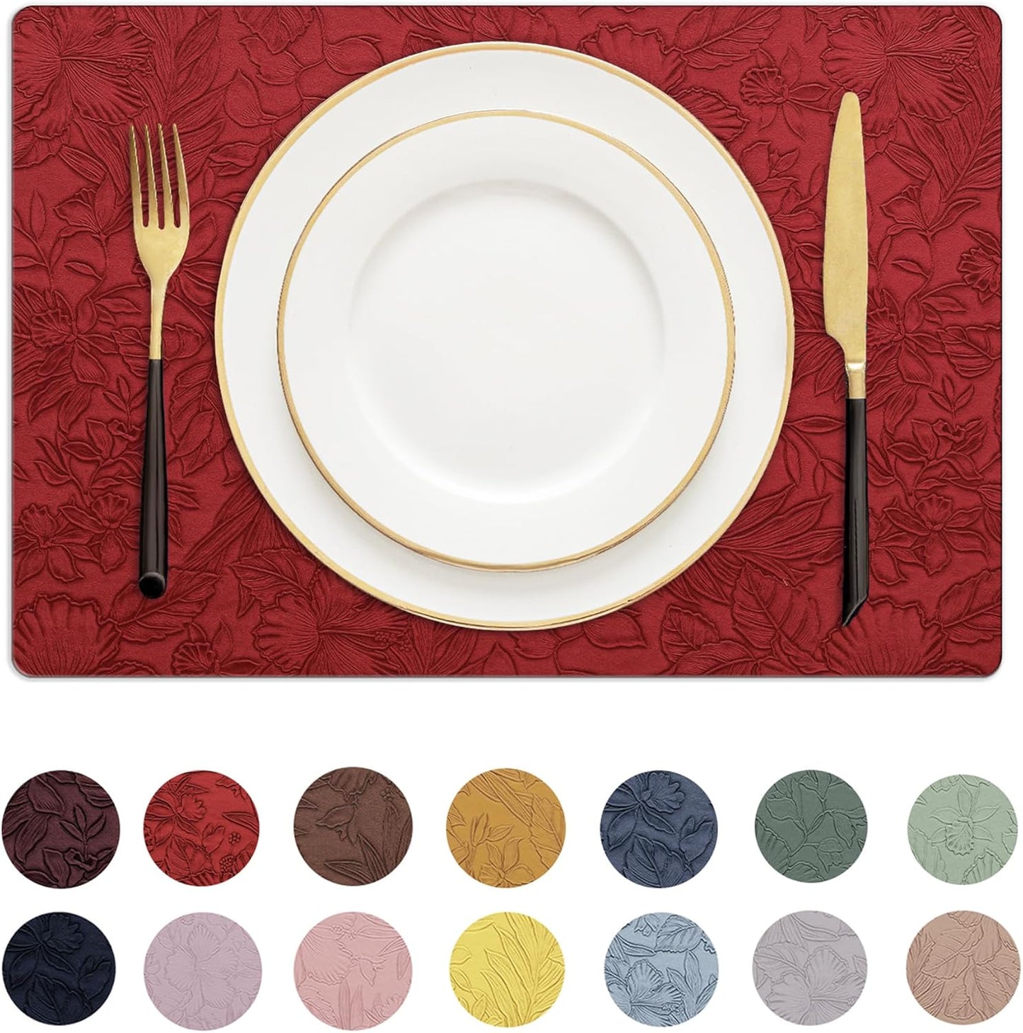 Romanstile Vinyl Placemats Set of 4-12 X 18 Inch - Heat Resistant Non-Slip Embossed Floral Place Mats 100% Waterproof Oilproof Wipeable Faux Leather Table Mats for Kitchen/Dining/Party, Red