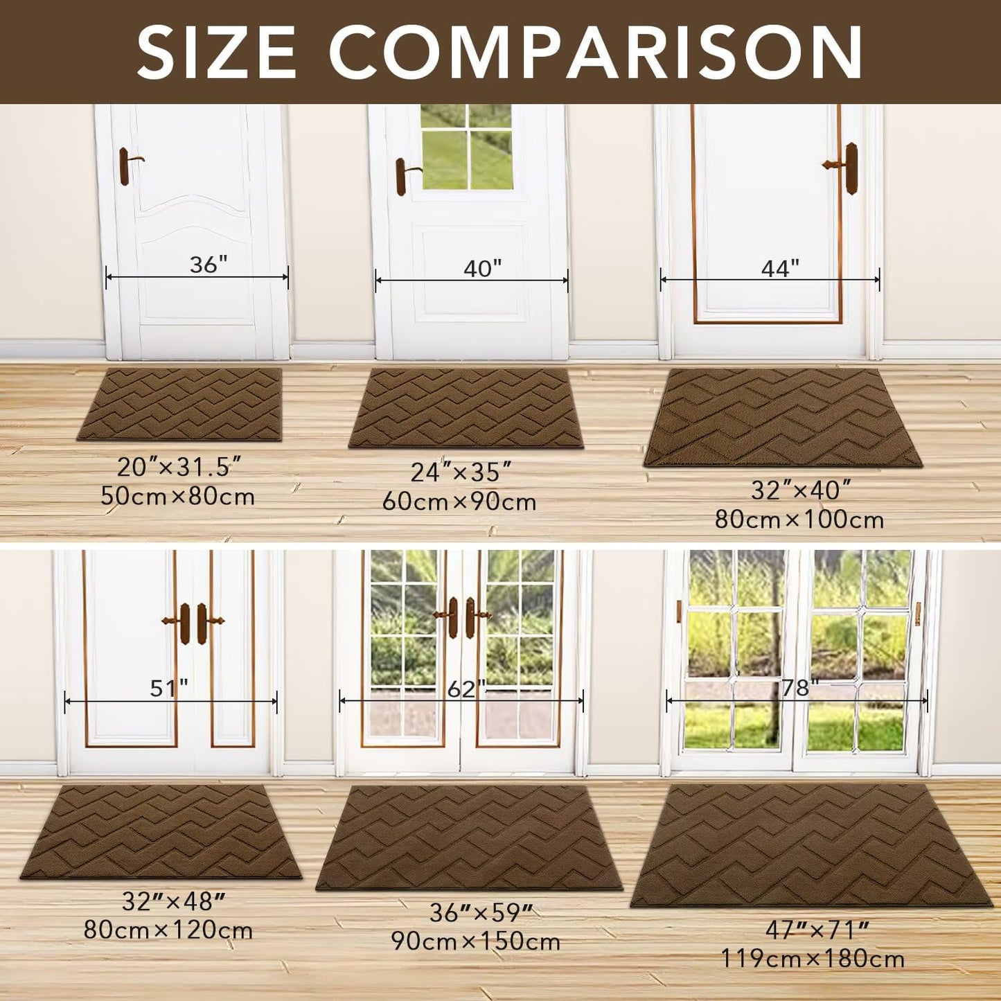 hicorfe Indoor Doormat,Front Back Door Mat Rubber Backing Non Slip Door Mats 47"x71" Absorbent Resist Dirt Entrance Doormat Inside Floor Mats for Entryway Washable Low-Profile(Dark Brown)
